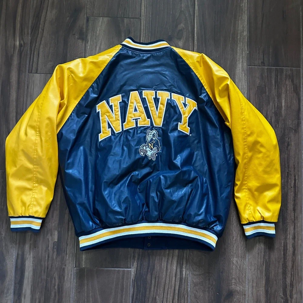 Steve & Barrys US Navy Varsity Jacket Blue Yellow Wool Faux Leather Mens L